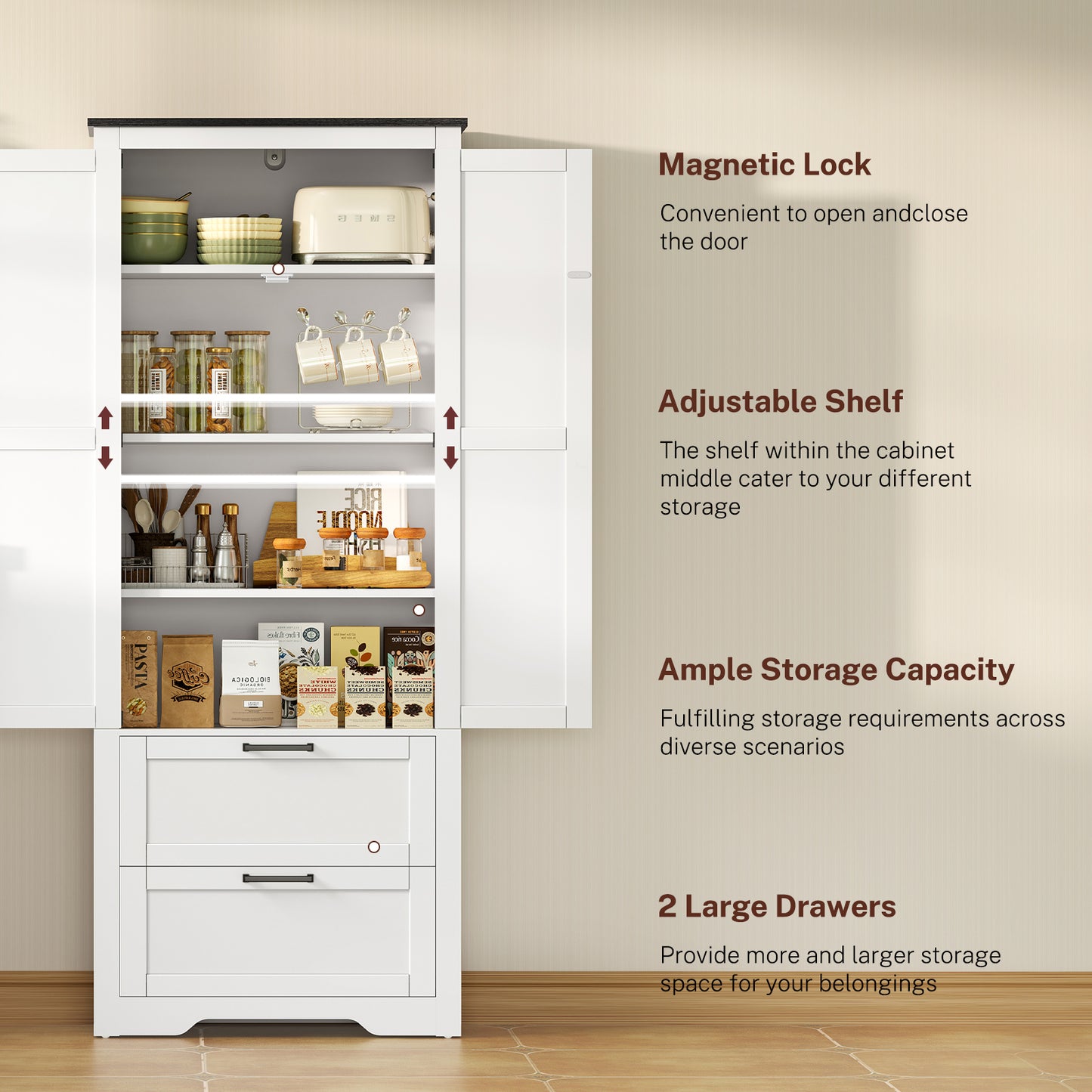 USIKEY 66.2" H Storage Cabinet with 2 Drawers, Farmhouse Kitchen Pantry Cabinet with 2 Doors & Adjustable Shelf, for Living Room, Kitchen, White