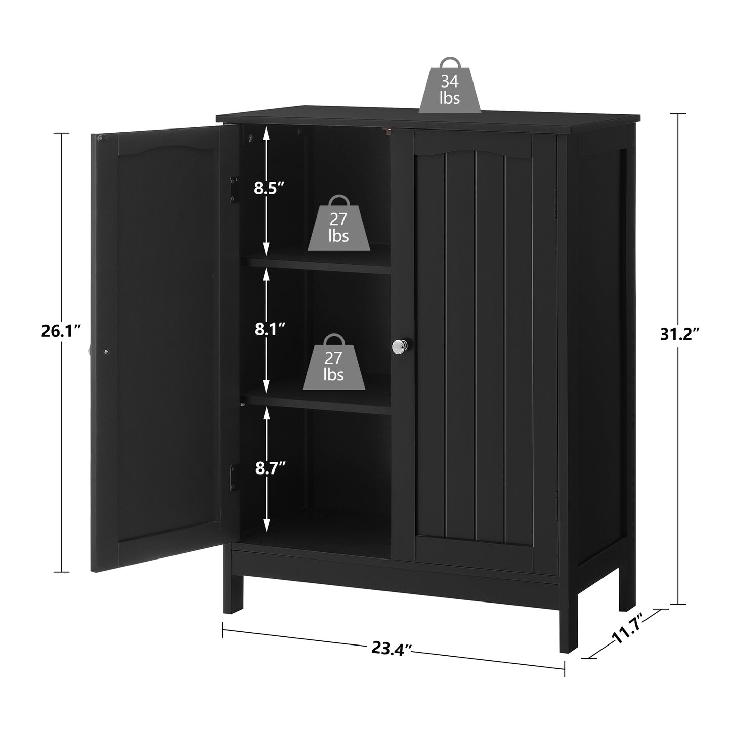 Storage Cabinet with 2 Doors & Adjustable Shelf, Bathroom Cabinet, Armoire de Rangement for Living Room, Entryway, Home Office, Black