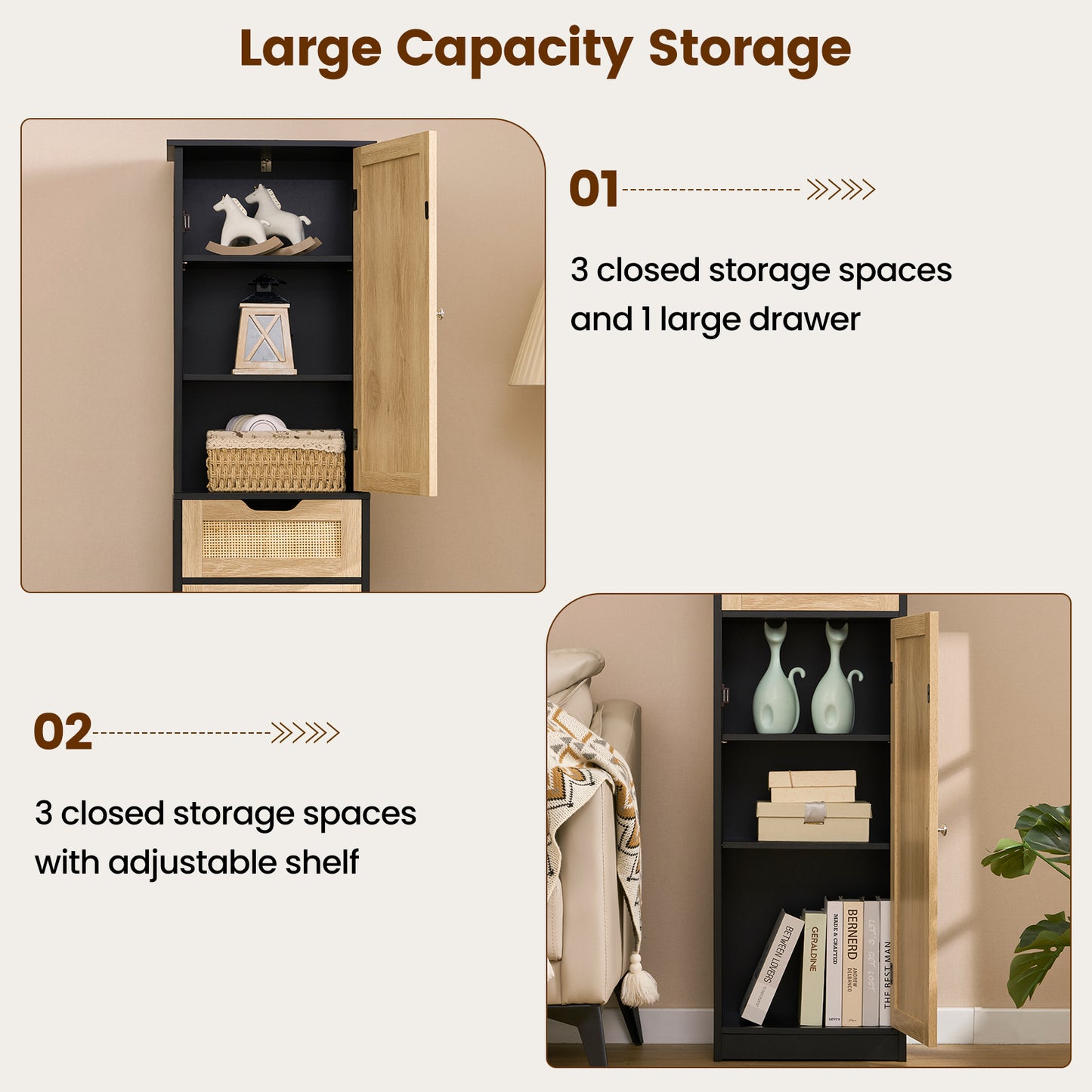 usikey Tall Bathroom Cabinet with Doors, Rattan Storage Cabinet with Adjustable Shelves, Freestanding Narrow Linen Cabinet for Living Room, Entryway, Kitchen, Home Office, Natural