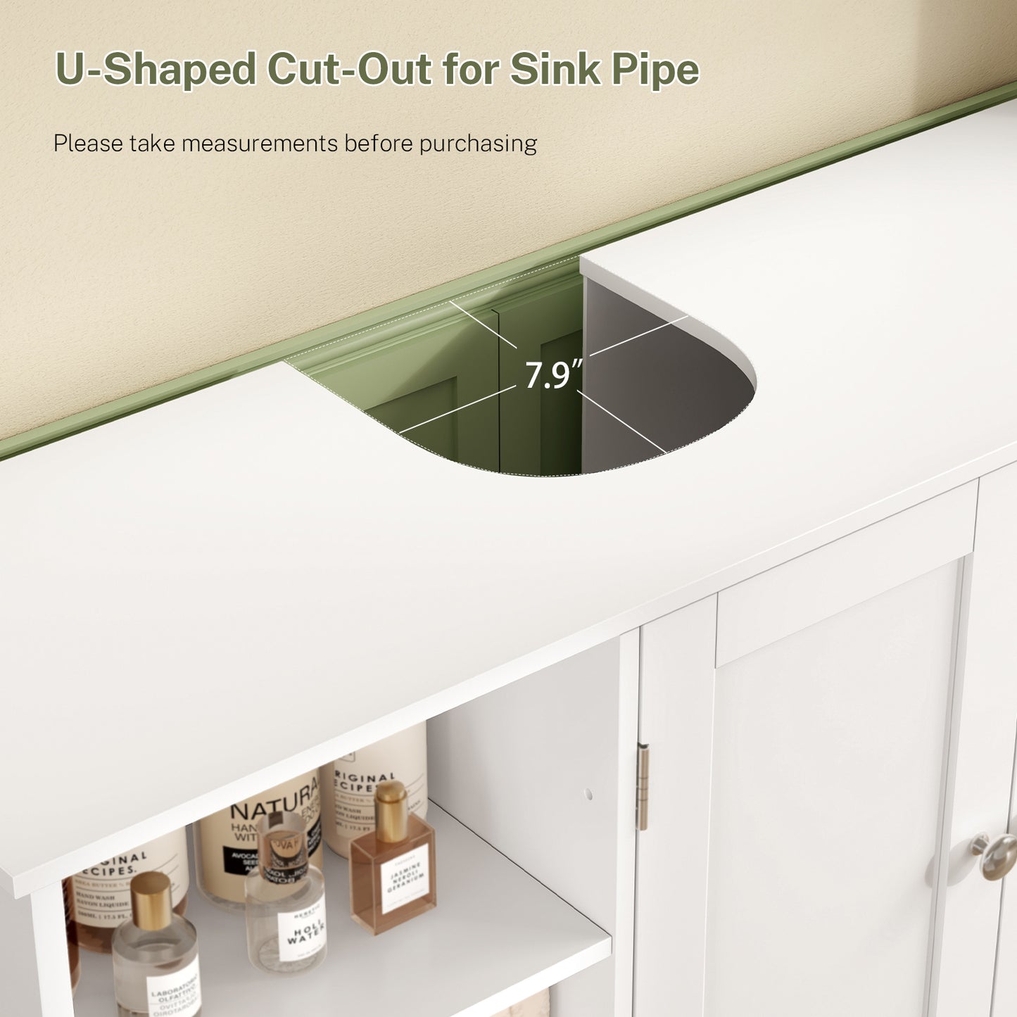 USIKEY Pedestal Sink Storage Cabinet with 2 Doors and 3 Open Shelves, Under Sink Cabinet, Bathroom Sink Cabinet with U-Shape, White
