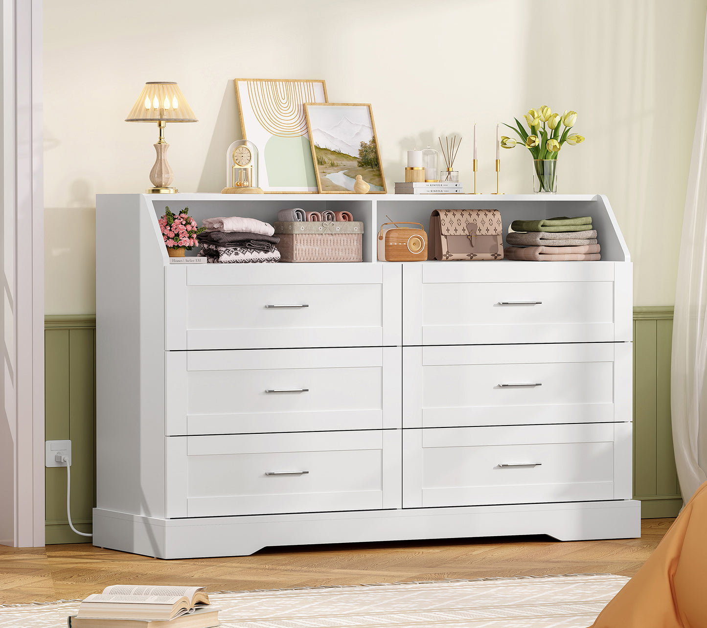 White Dresser for Bedroom, 6 Drawer Dresser with Charging Station & LED Lights, Dressers & Chests of Drawers, Dresser TV Stand for Bedroom, White