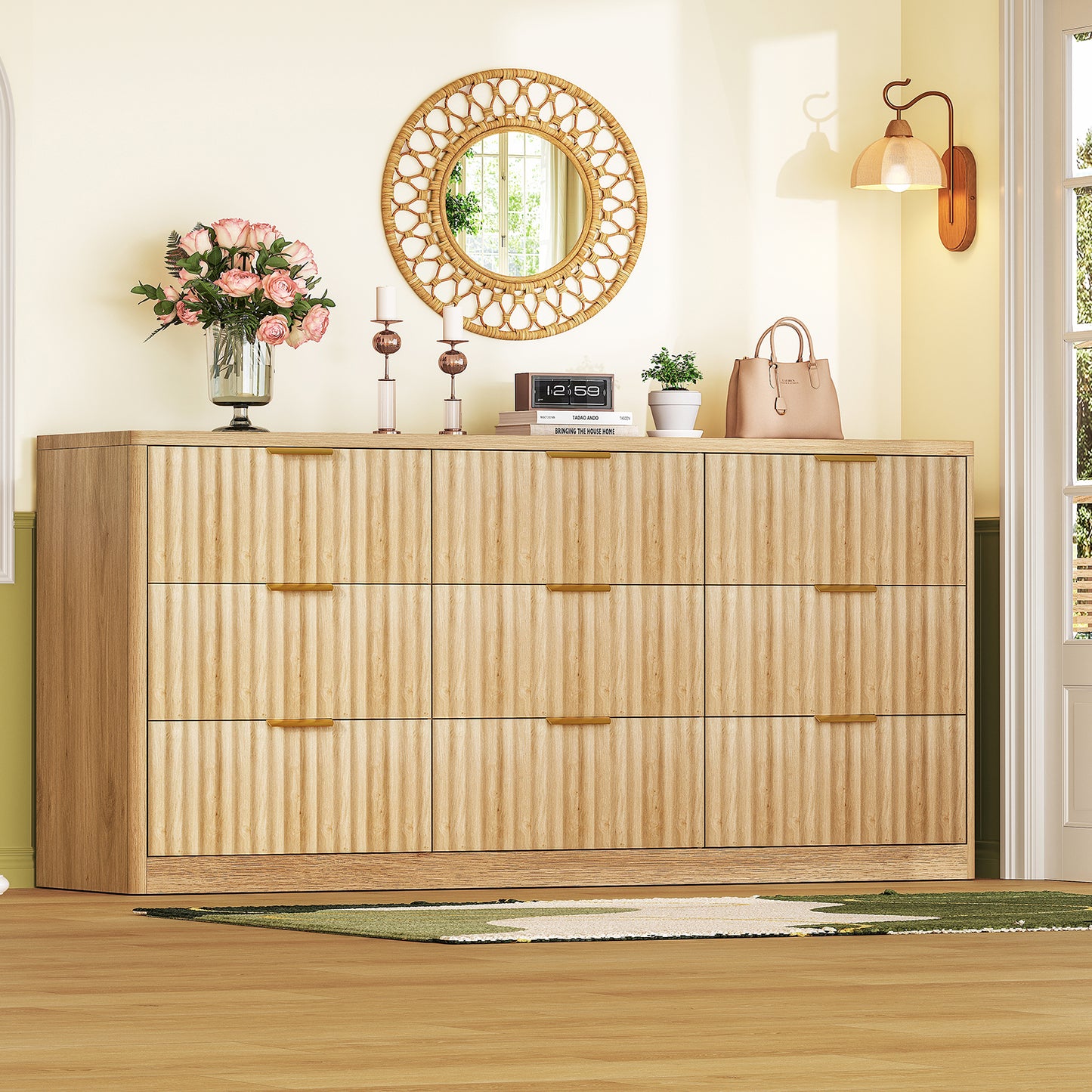 Usikey Fluted Dresser with 9 Drawers 63'' Wide Modern Dressers with Wood Chests of Drawers with Gold Handle &  Natural Wood TV Dresser for Bedroom