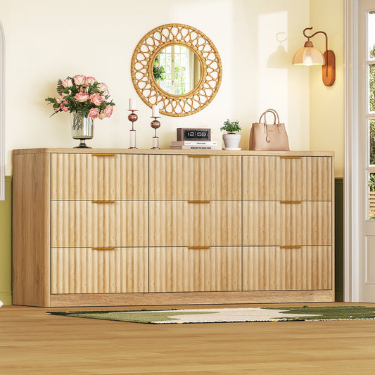 Usikey Fluted Dresser with 9 Drawers 63'' Wide Modern Dressers with Wood Chests of Drawers with Gold Handle &  Natural Wood TV Dresser for Bedroom