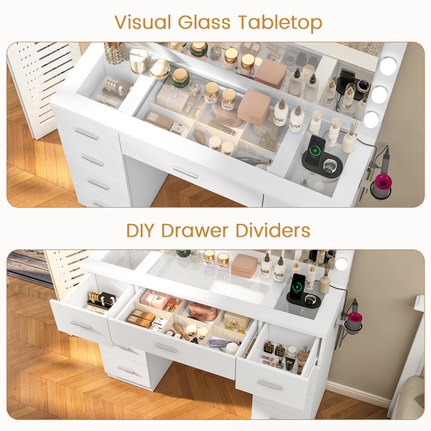 Usikey Vanity Desk with Large Lighted Mirror and Outlet, 46" Makeup Vanity with 9 Drawers and Glass Desktop, Vanity Table with 12 LED Lights, White