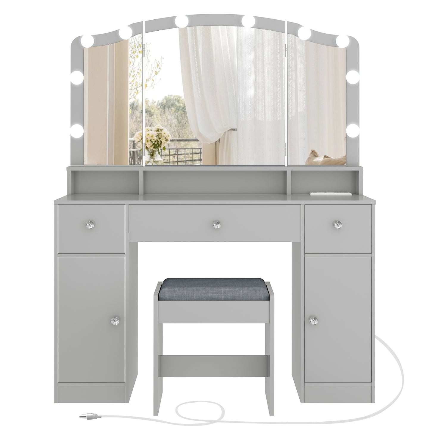 Vanity Desk with Triple Folding Mirror, Makeup Vanity with Power Outlet, Vanity Desk with 10 Lights, 3 Drawers & 2 Cabinets, Makeup Vanity Table with Soft Cushioned Stool for Women, Bedroom, White