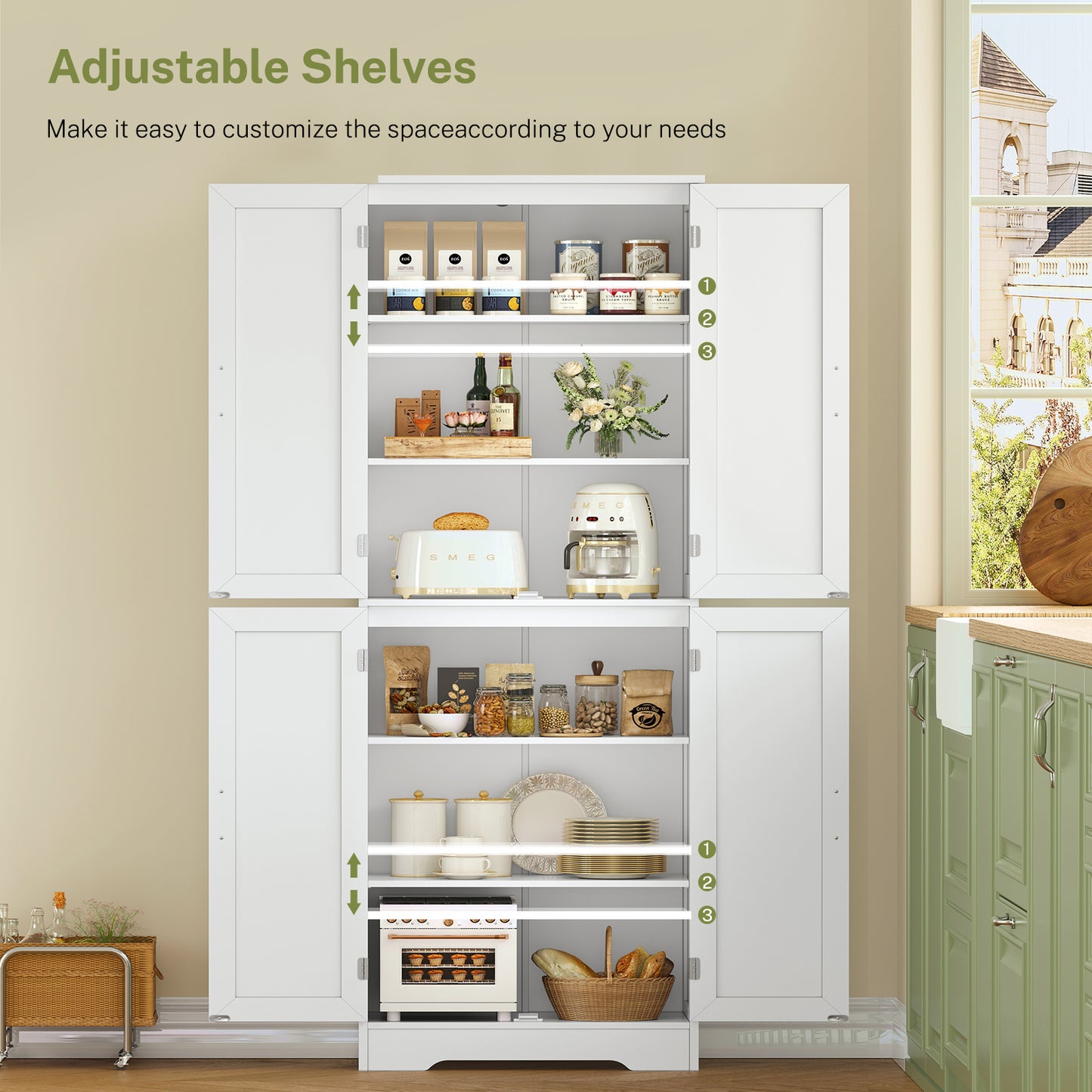 USIKEY 67” Storage Cabinet, Kitchen Pantry Cabinet with 4 Doors and Adjustable Shelves, Cupboard, Tall Bathroom Cabinets for Living Room, White