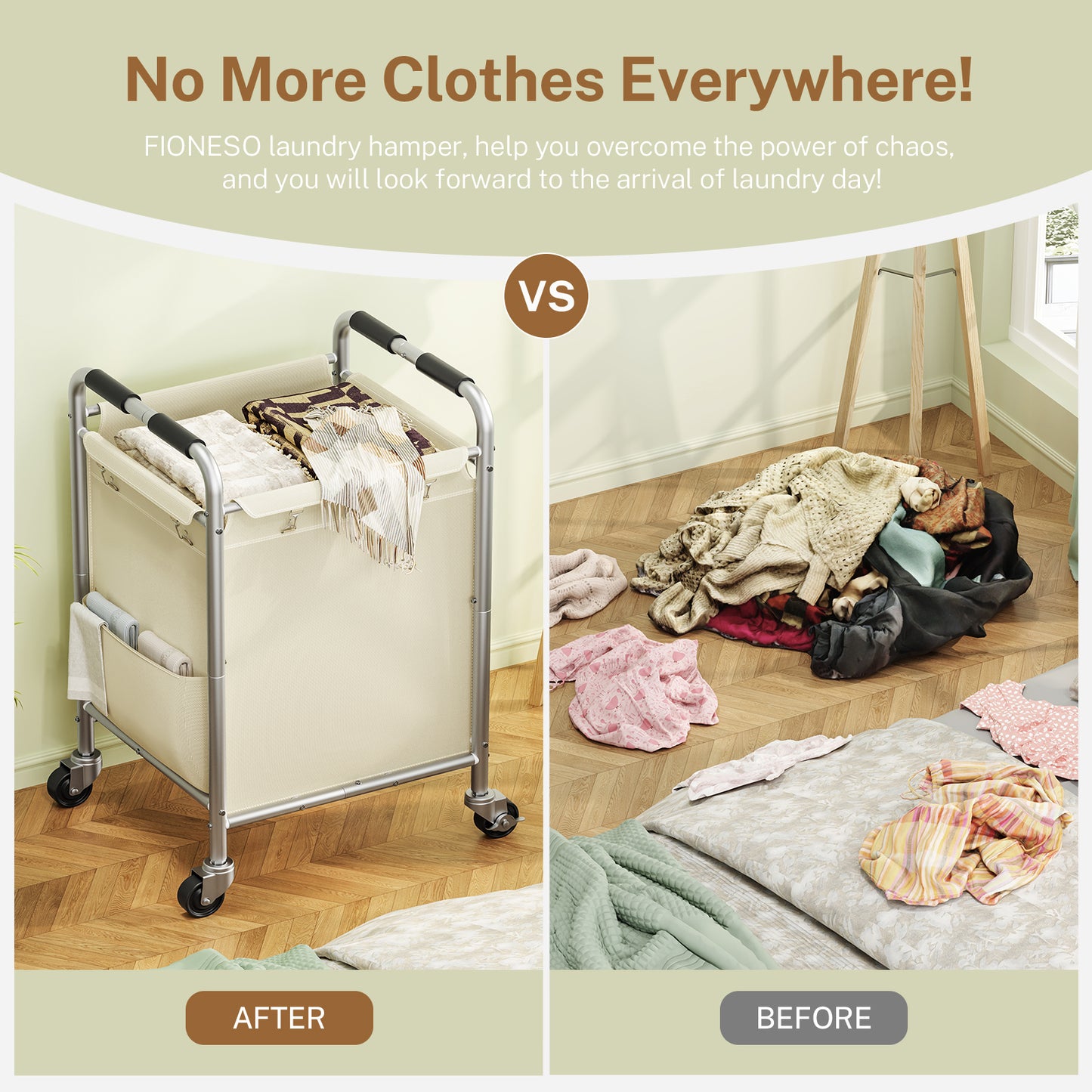 USIKEY Laundry Basket with Wheels, Rolling Laundry Sorter Cart with Side pockets,47.6GAL(180L) Rolling Laundry Hamper with Removable Bag, Beige