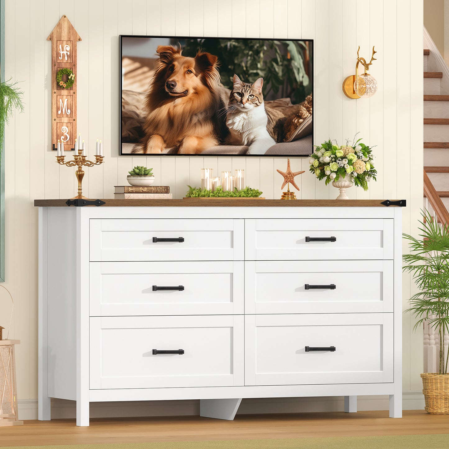 USIKEY Farmhouse 6 Drawer Dresser for Bedroom, 47.2'' Wide Wood Chest of Drawers , Dresser for Closet, Bedroom Dresser for Living Room, White