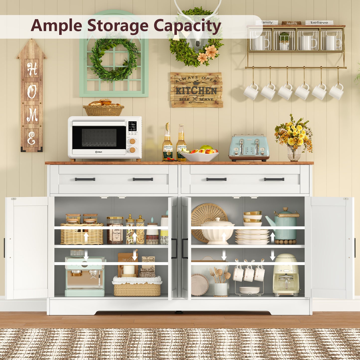 USIKEY 55" Large Sideboard Buffet Cabinet with 4 Doors  and 2 Drawers, Modern Coffee Bar with Adjustable Shelves for Kitchen, Dining Room, White