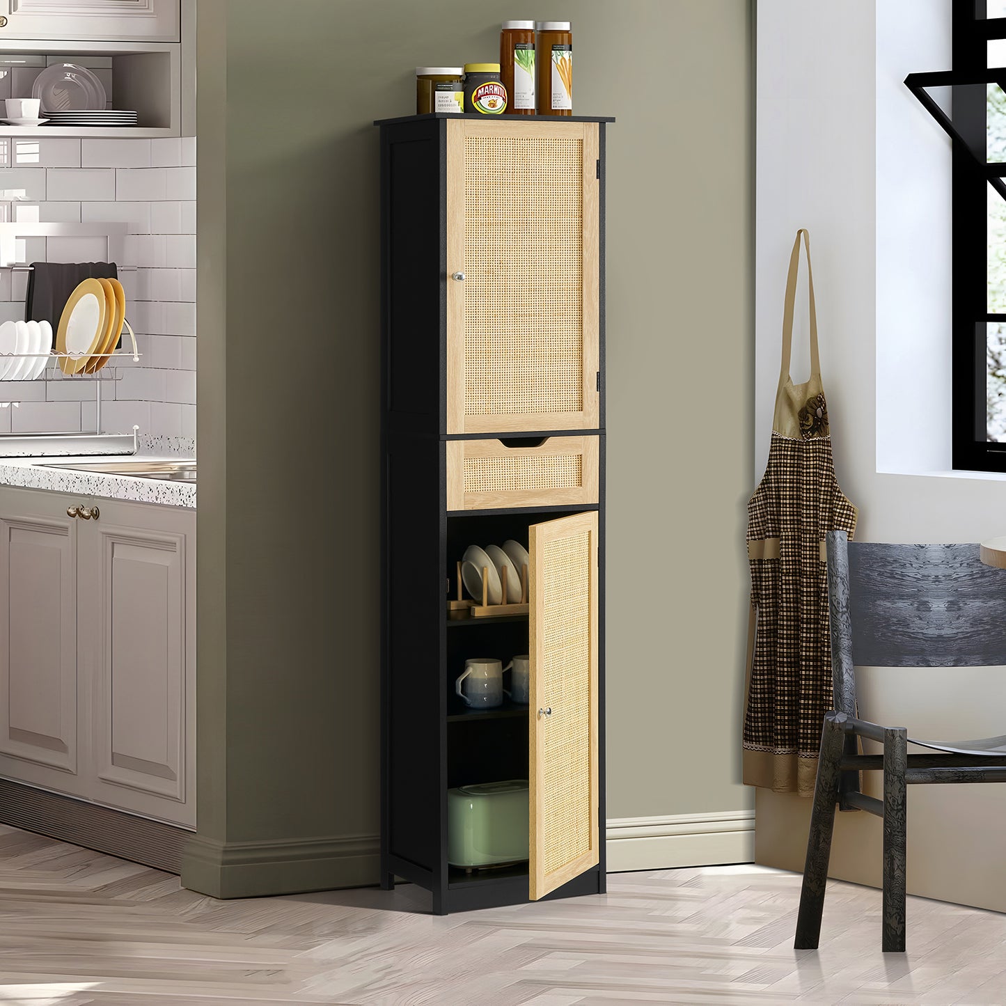 usikey Tall Bathroom Cabinet with Doors, Rattan Storage Cabinet with Adjustable Shelves, Freestanding Narrow Linen Cabinet for Living Room, Entryway, Kitchen, Home Office, Natural