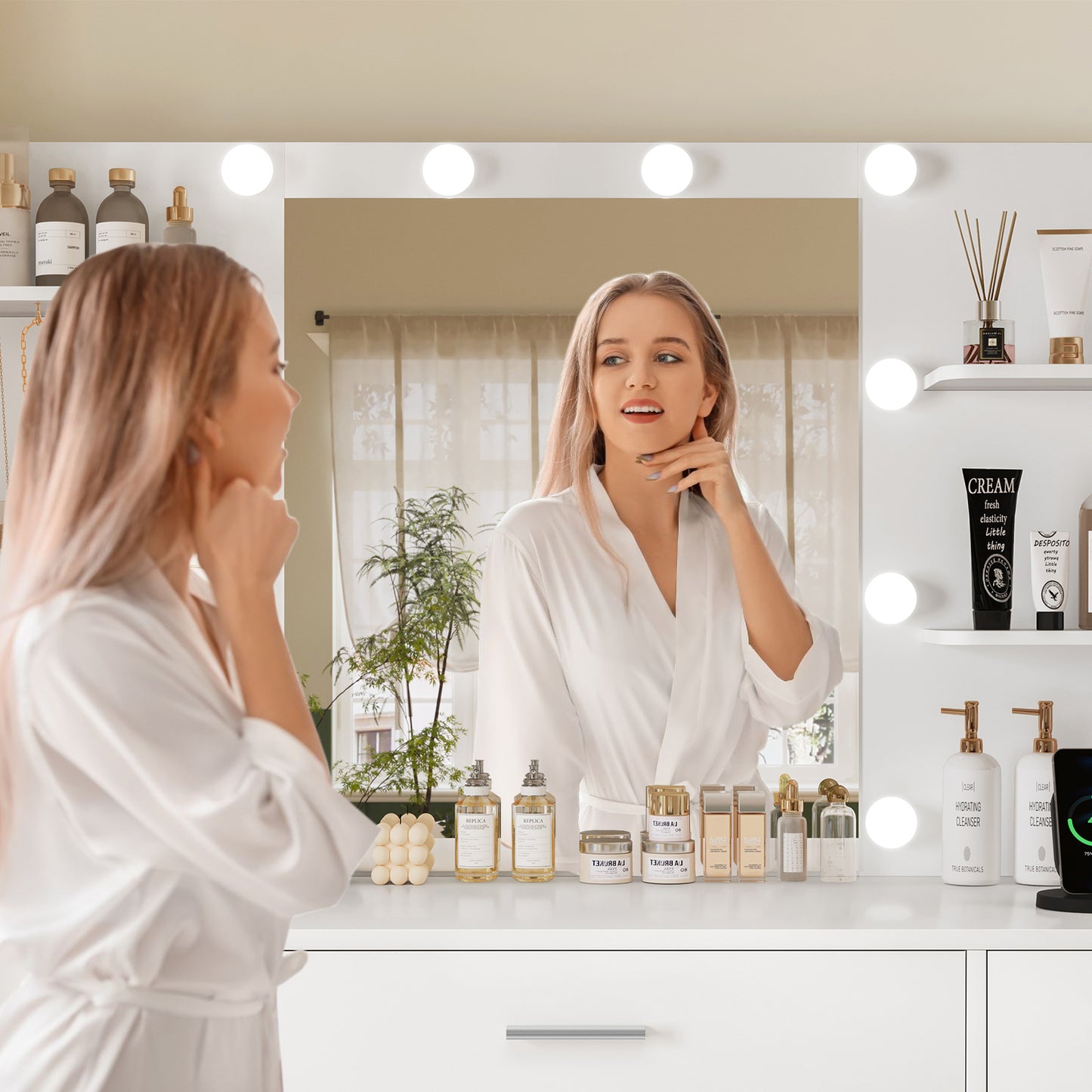 USIKEY Vanity Desk with Mirror and Lights, Power Outlet, Makeup Vanity with 11 Drawers & 6 Open Storage Shelves, 3 Lighting Modes Brightness Adjustable, White