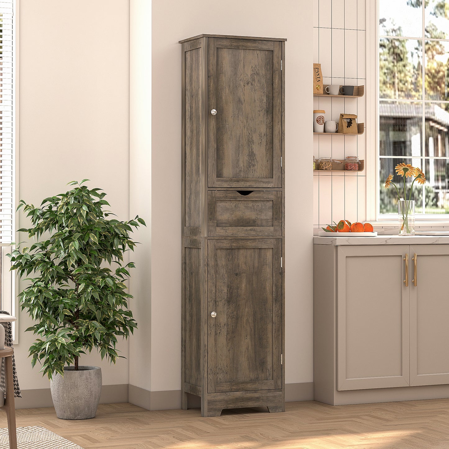 usikey Tall Bathroom Cabinet with Doors, Rattan Storage Cabinet with Adjustable Shelves, Freestanding Narrow Linen Cabinet for Living Room, Entryway, Kitchen, Home Office, Natural