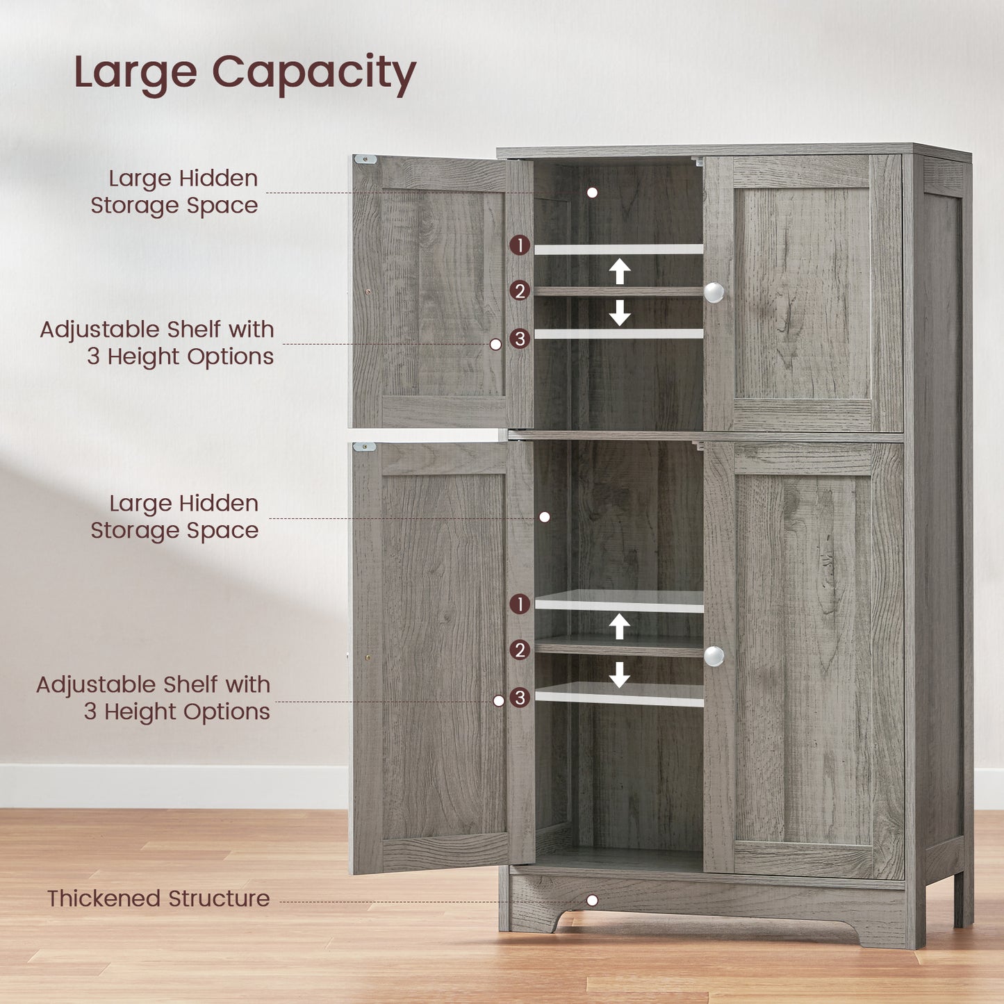 Storage Cabinet, Bathroom Cabinet with 4 Doors & Adjustable Shelf, Cupboard, Bathroom Floor Cabinet for Living Room, Entryway, Home Office, Grey