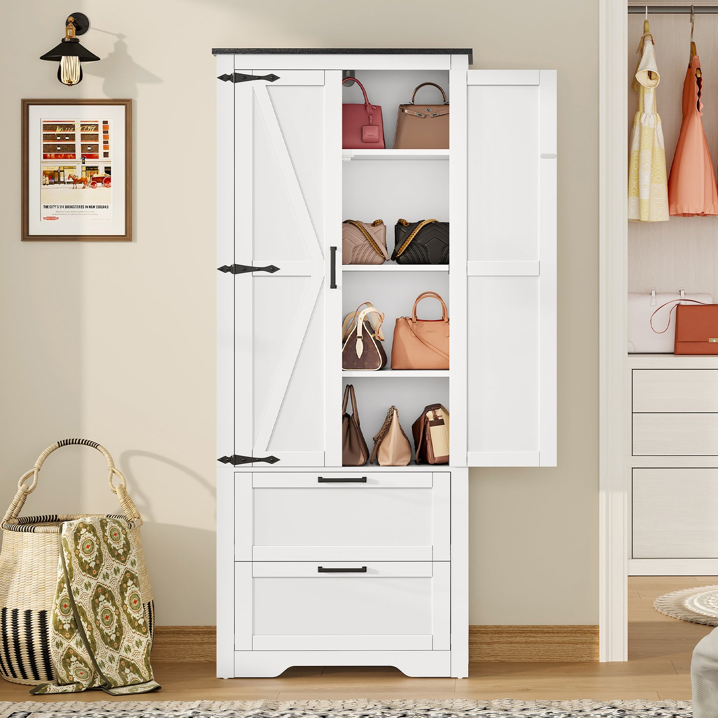 USIKEY 66.2" H Storage Cabinet with 2 Drawers, Farmhouse Kitchen Pantry Cabinet with 2 Doors & Adjustable Shelf, for Living Room, Kitchen, White