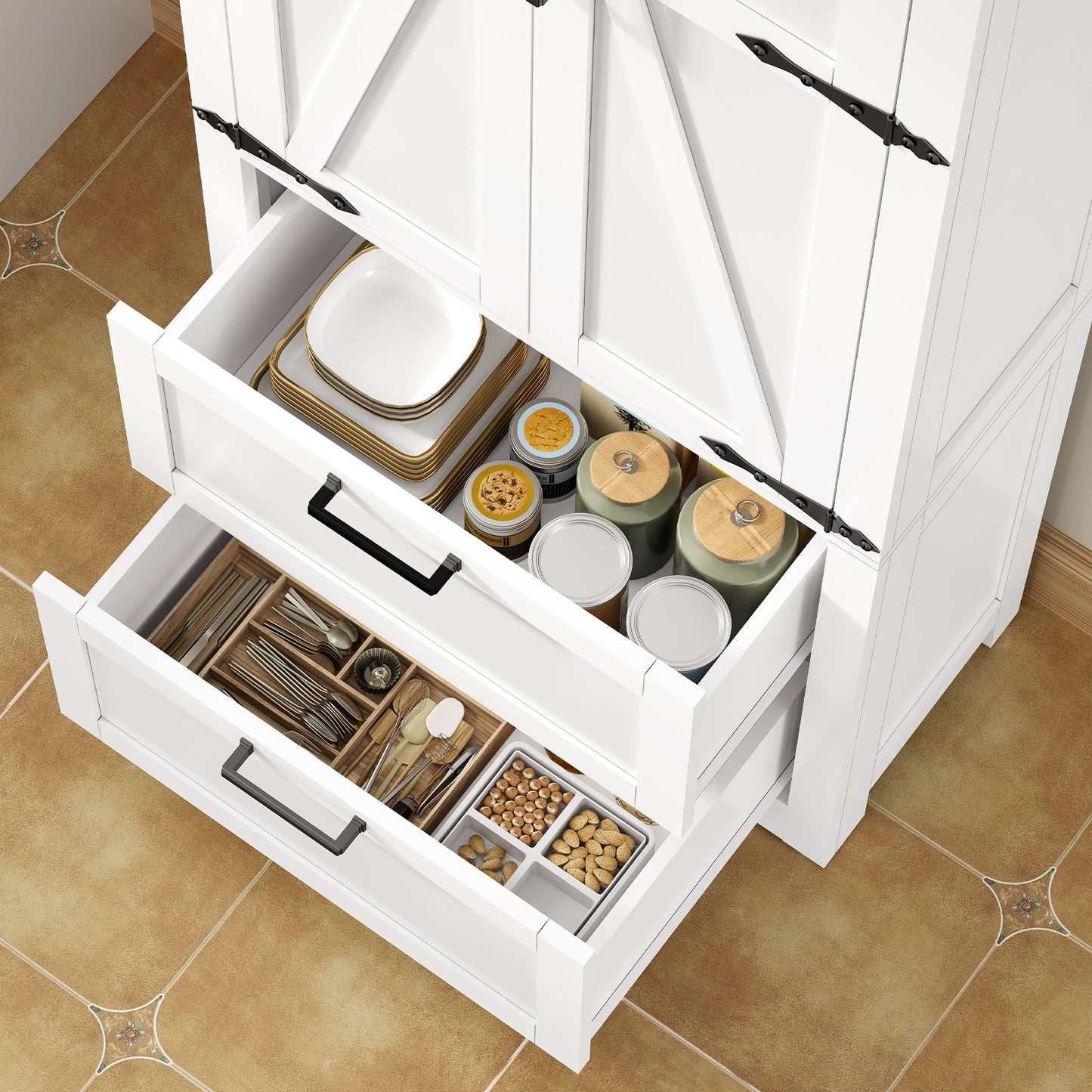 USIKEY 66.2" H Storage Cabinet with 2 Drawers, Farmhouse Kitchen Pantry Cabinet with 2 Doors & Adjustable Shelf, for Living Room, Kitchen, White