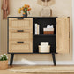 USIKEY Storage Cabinet with Rattan Door & 3 Drawers, Entryway Cabinet with Adjustable Shelf, Accent Cabinet for Living Room