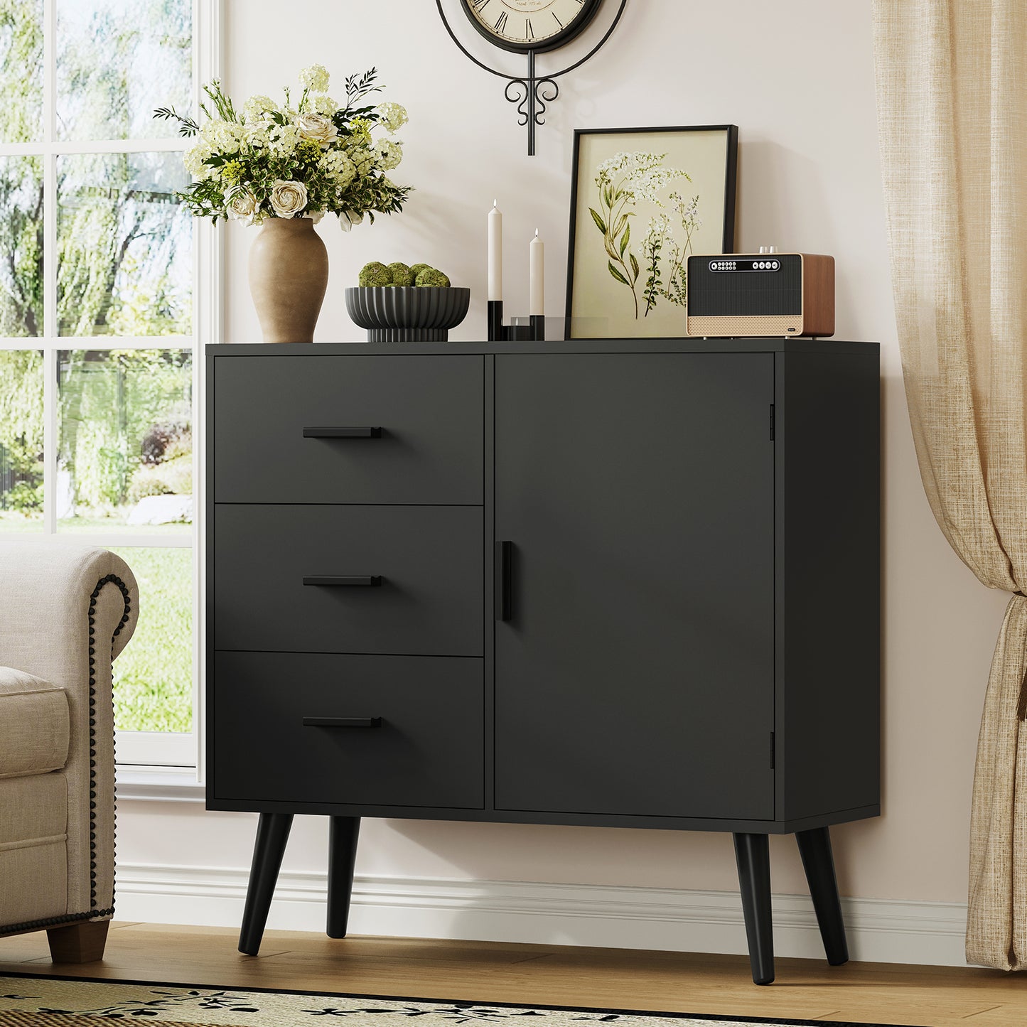 USIKEY Storage Cabinet with Rattan Door & 3 Drawers, Entryway Cabinet with Adjustable Shelf, Accent Cabinet for Living Room
