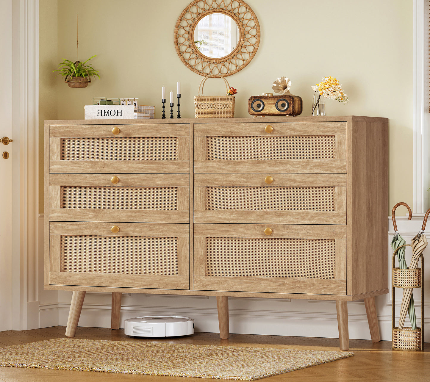 47.2''Wide 6 Drawer Dresser for Bedroom, Rattan Dresser Chest of Drawers, Modern Wood Dresser Chest for Bedroom, Living Room, Entryway, Natural