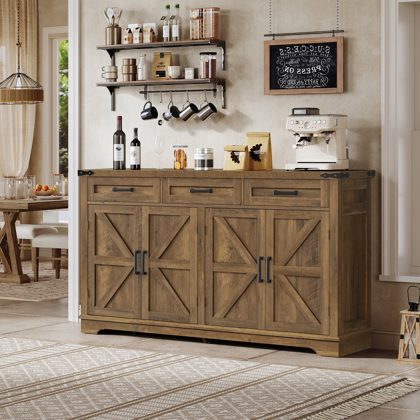 USIKEY 55" Buffet Cabinet With Storage, Large Sideboard Buffet Storage Cabinet With 3 Drawers, Farmhouse Coffee Bar Cabinet, For Kitchen, Living Room
