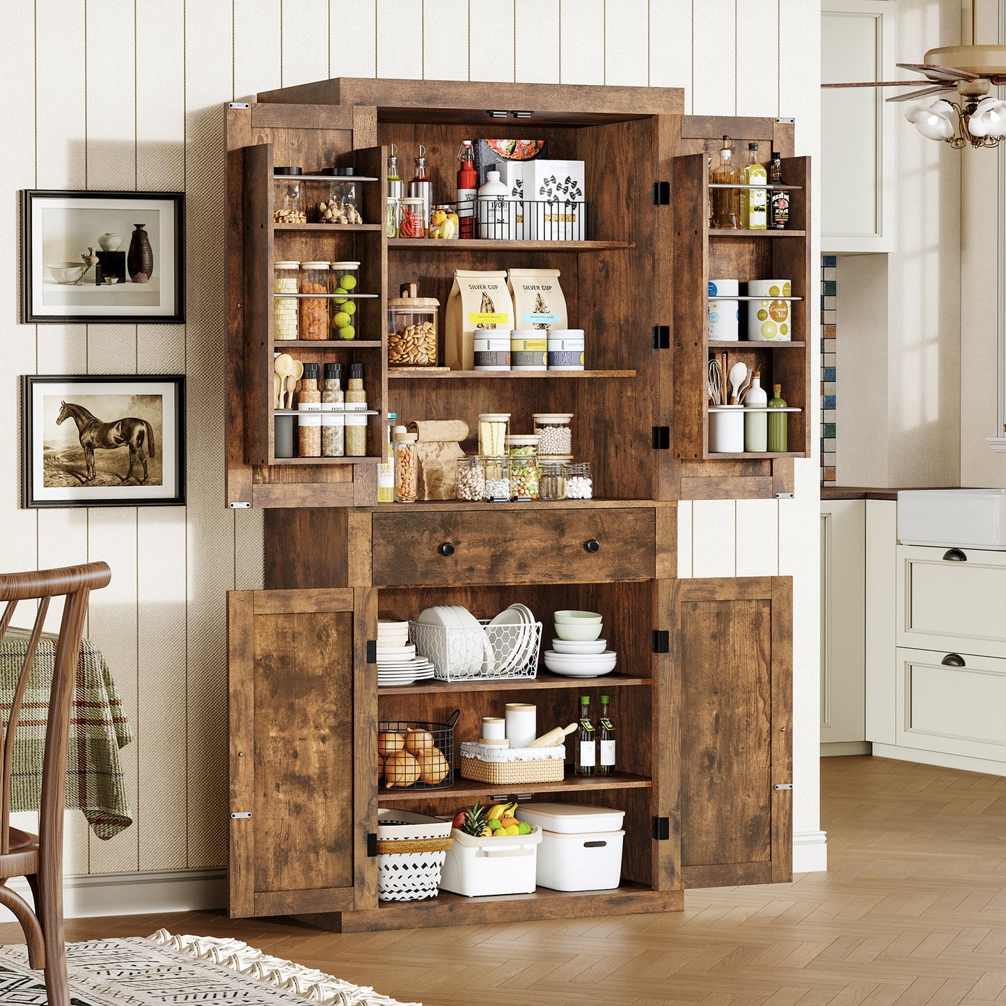 usikey 72?¡À Kitchen Pantry Cabinet, Tall Storage Cabinet with 4 Doors and 1 Drawer, Freestanding Cupboard with 6 Hanging Shelves and Adjustable Shelves for Kitchen, Dining Room,Living Room
