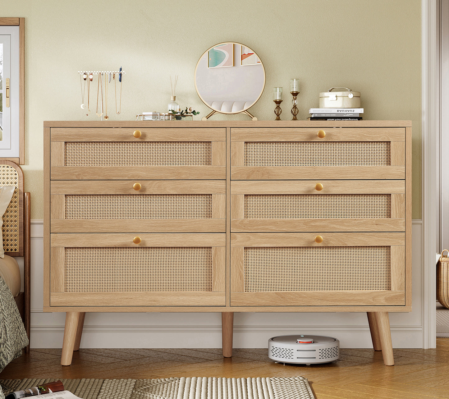 47.2''Wide 6 Drawer Dresser for Bedroom, Rattan Dresser Chest of Drawers, Modern Wood Dresser Chest for Bedroom, Living Room, Entryway, Natural