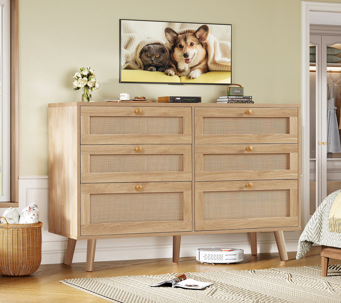 47.2''Wide 6 Drawer Dresser for Bedroom, Rattan Dresser Chest of Drawers, Modern Wood Dresser Chest for Bedroom, Living Room, Entryway, Natural