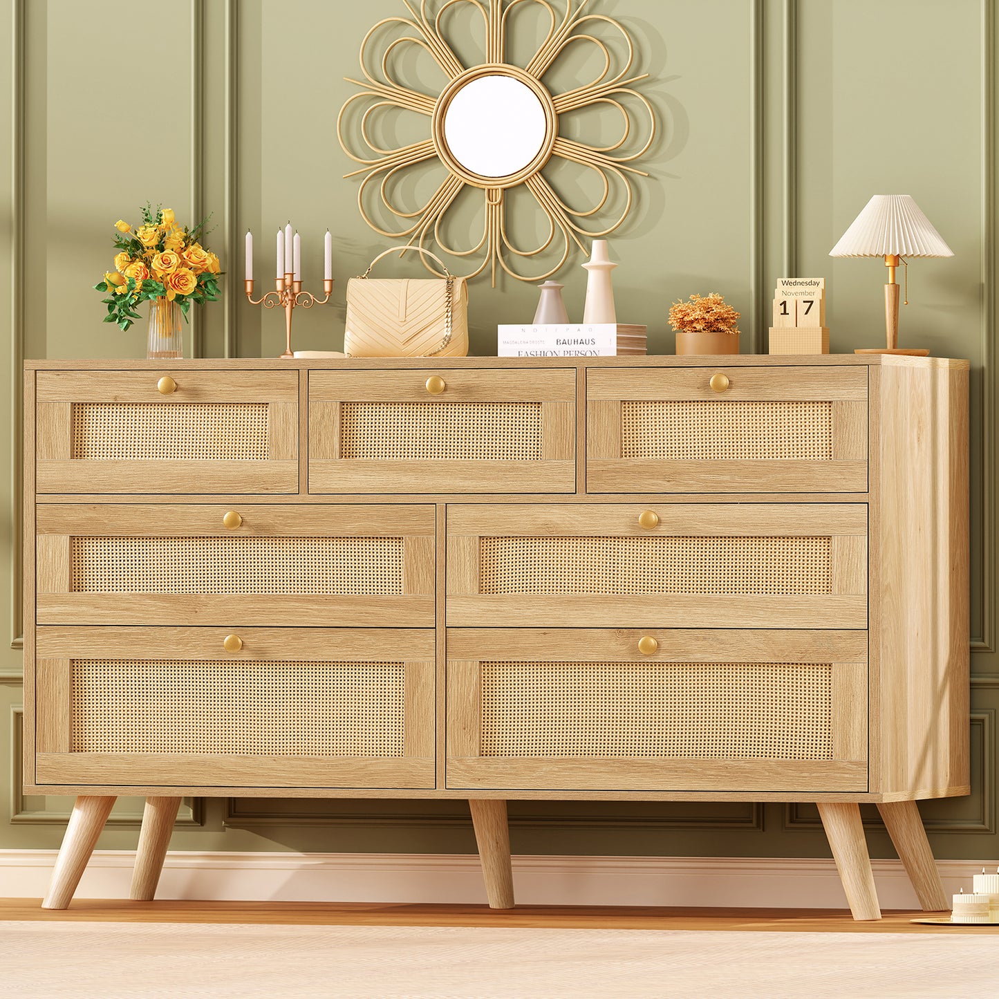 47.2''Wide 7 Drawer Dresser for Bedroom, Rattan Dresser Chest of Drawers, Modern Wood Dresser Chest for Bedroom, Living Room, Entryway, Natural