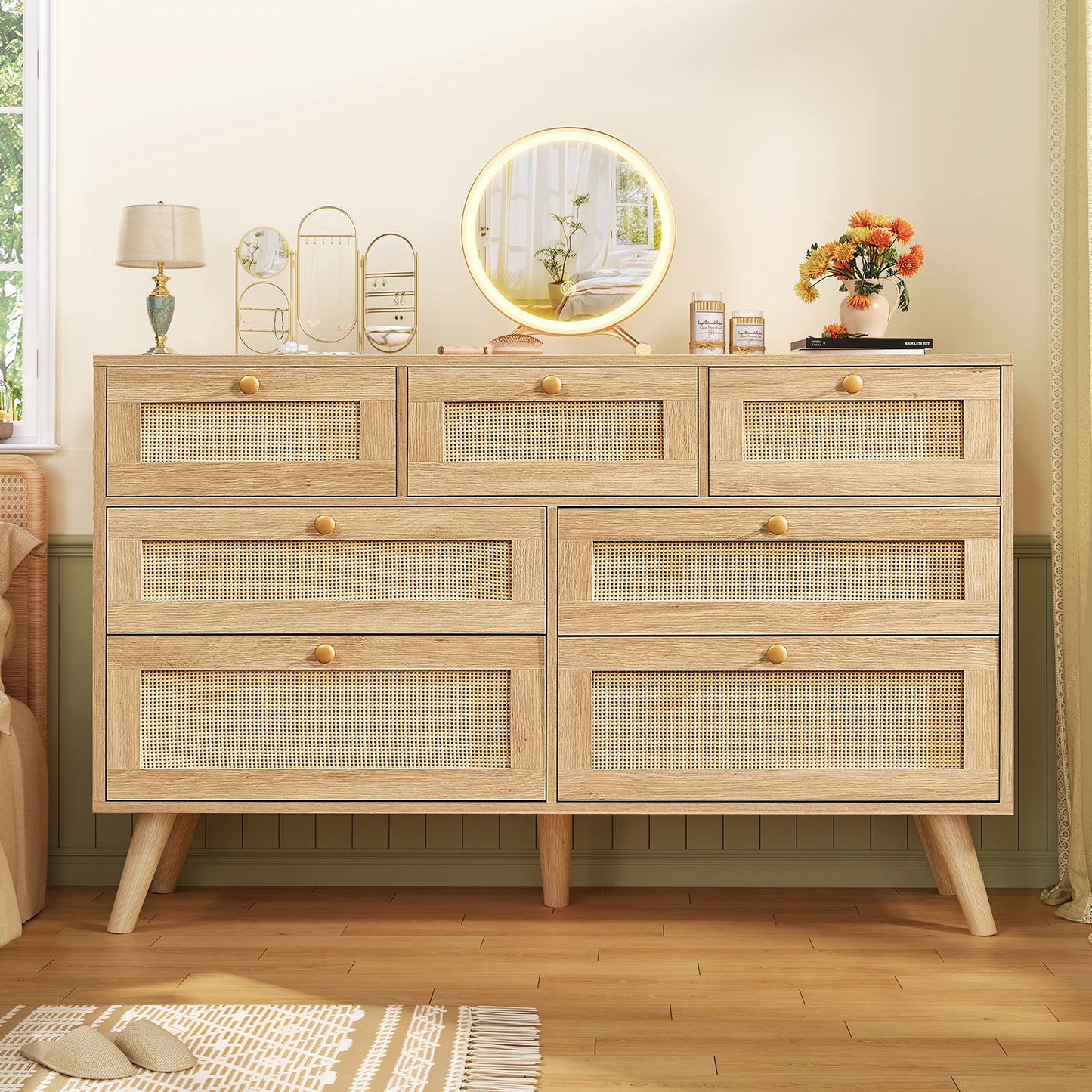 47.2''Wide 7 Drawer Dresser for Bedroom, Rattan Dresser Chest of Drawers, Modern Wood Dresser Chest for Bedroom, Living Room, Entryway, Natural