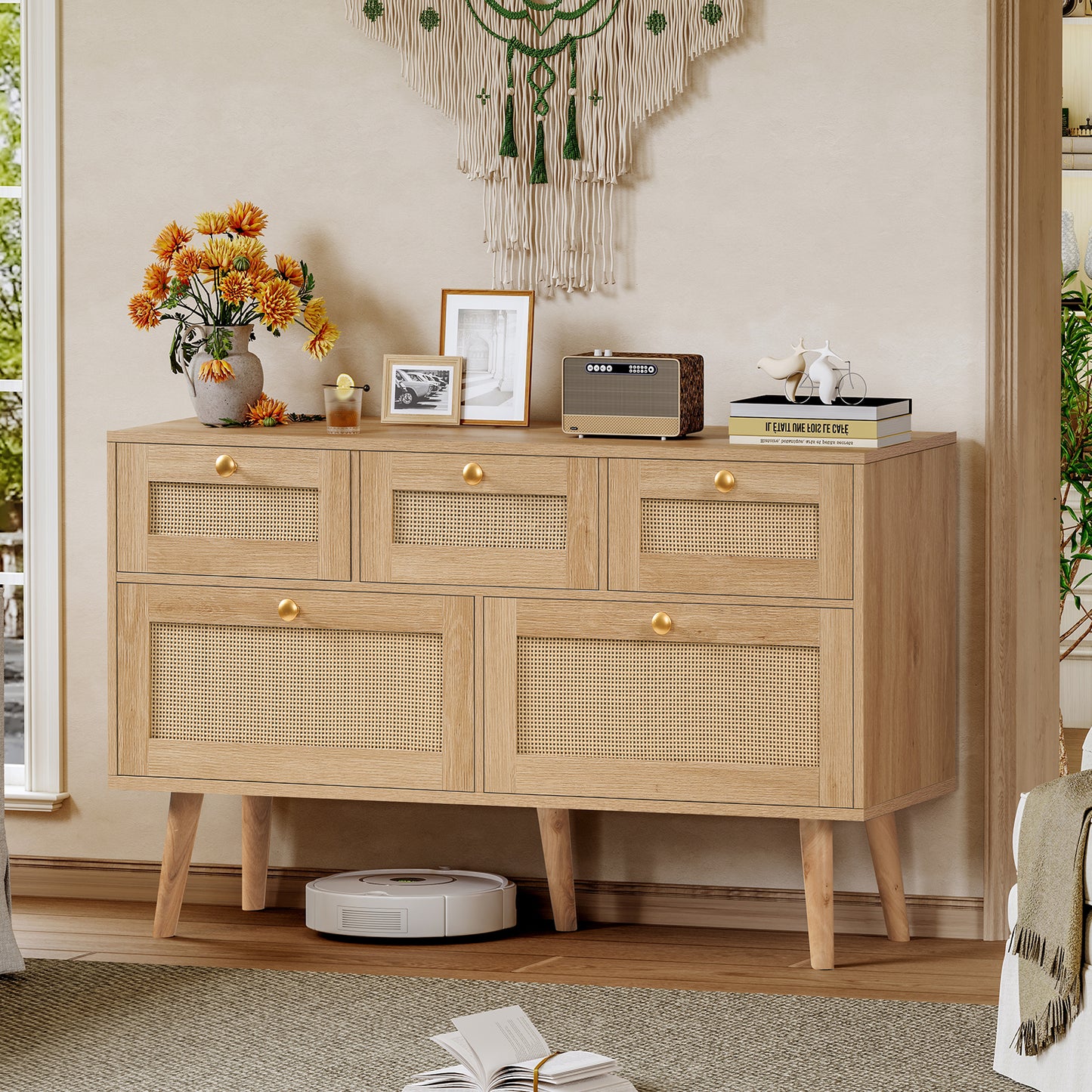Usikey Dresser for Bedroom, 5 Drawer, Boho Dresser for Closet, Chest of Drawers with Solid Wood Legs, Dressers TV Stand, for Entryway, Hallway, Natural