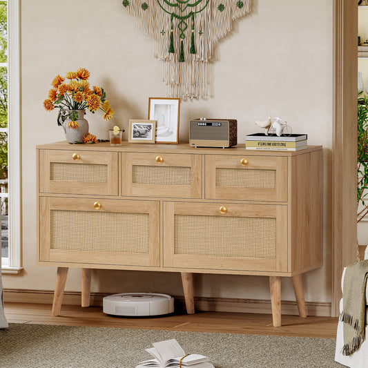 Usikey Dresser for Bedroom, 5 Drawer, Boho Dresser for Closet, Chest of Drawers with Solid Wood Legs, Dressers TV Stand, for Entryway, Hallway, Natural