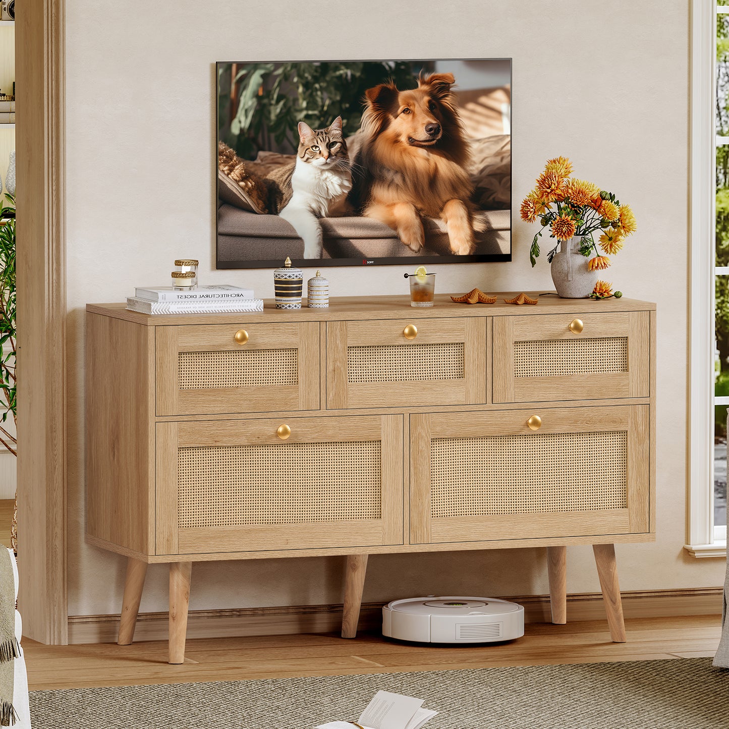 Usikey Dresser for Bedroom, 5 Drawer, Boho Dresser for Closet, Chest of Drawers with Solid Wood Legs, Dressers TV Stand, for Entryway, Hallway, Natural