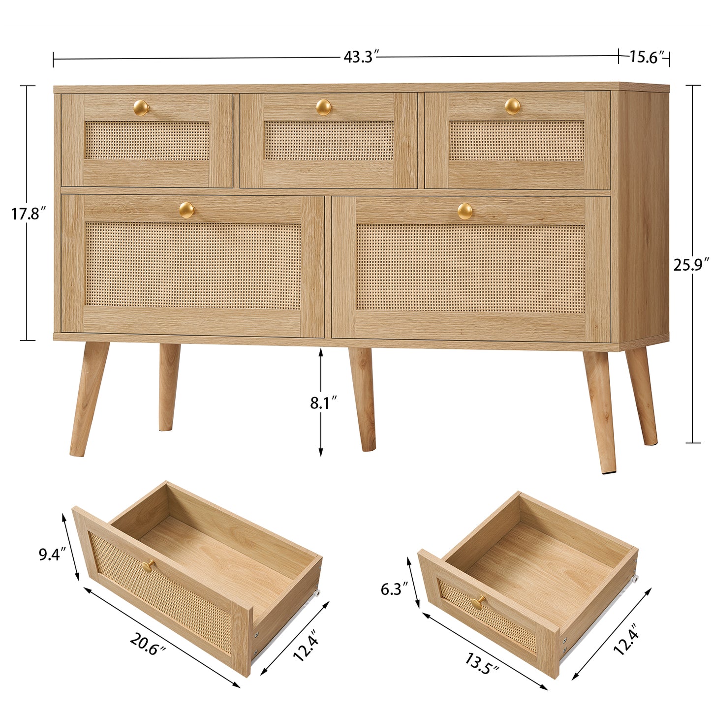 Usikey Dresser for Bedroom, 5 Drawer, Boho Dresser for Closet, Chest of Drawers with Solid Wood Legs, Dressers TV Stand, for Entryway, Hallway, Natural