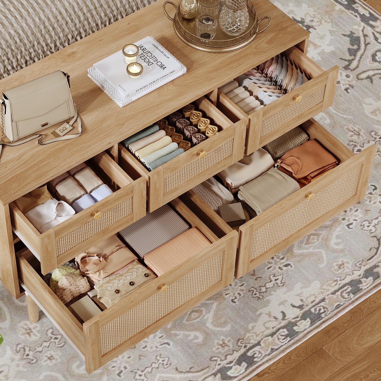 Usikey Dresser for Bedroom, 5 Drawer, Boho Dresser for Closet, Chest of Drawers with Solid Wood Legs, Dressers TV Stand, for Entryway, Hallway, Natural