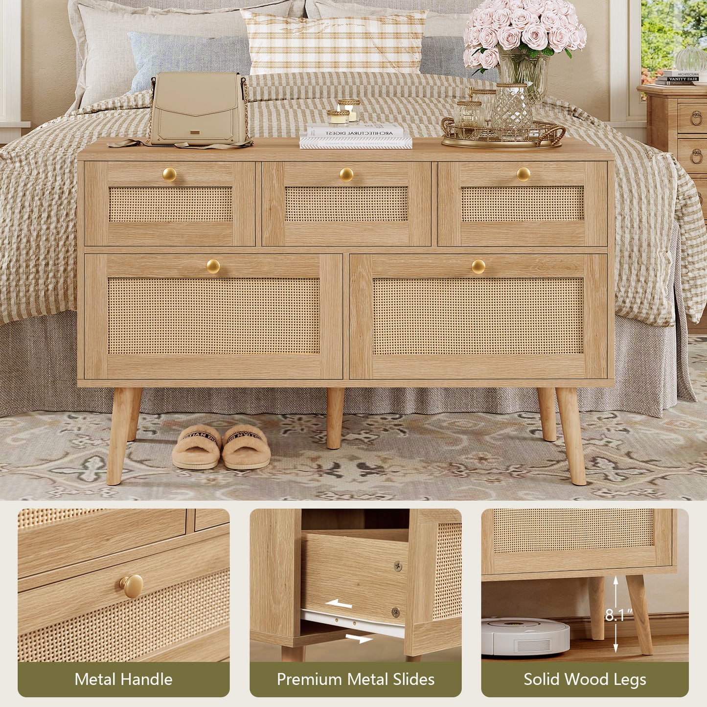 Usikey Dresser for Bedroom, 5 Drawer, Boho Dresser for Closet, Chest of Drawers with Solid Wood Legs, Dressers TV Stand, for Entryway, Hallway, Natural
