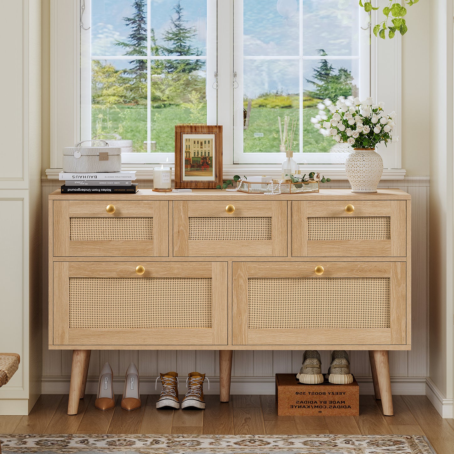 Usikey Dresser for Bedroom, 5 Drawer, Boho Dresser for Closet, Chest of Drawers with Solid Wood Legs, Dressers TV Stand, for Entryway, Hallway, Natural