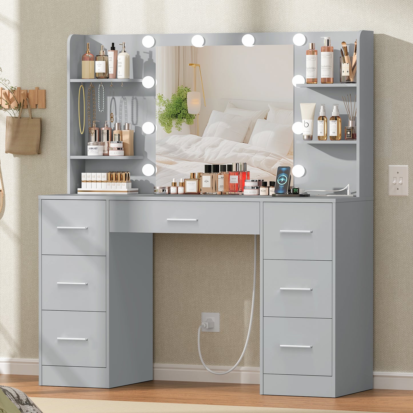 Large Vanity Desk with LED Lighted Mirror & Power Outlet,Makeup Vanity Table with 7 Drawers,4 Shelves and 5 Hooks,Vanity Table, Vanity Desk Set for Bedroom,Bathroom,White