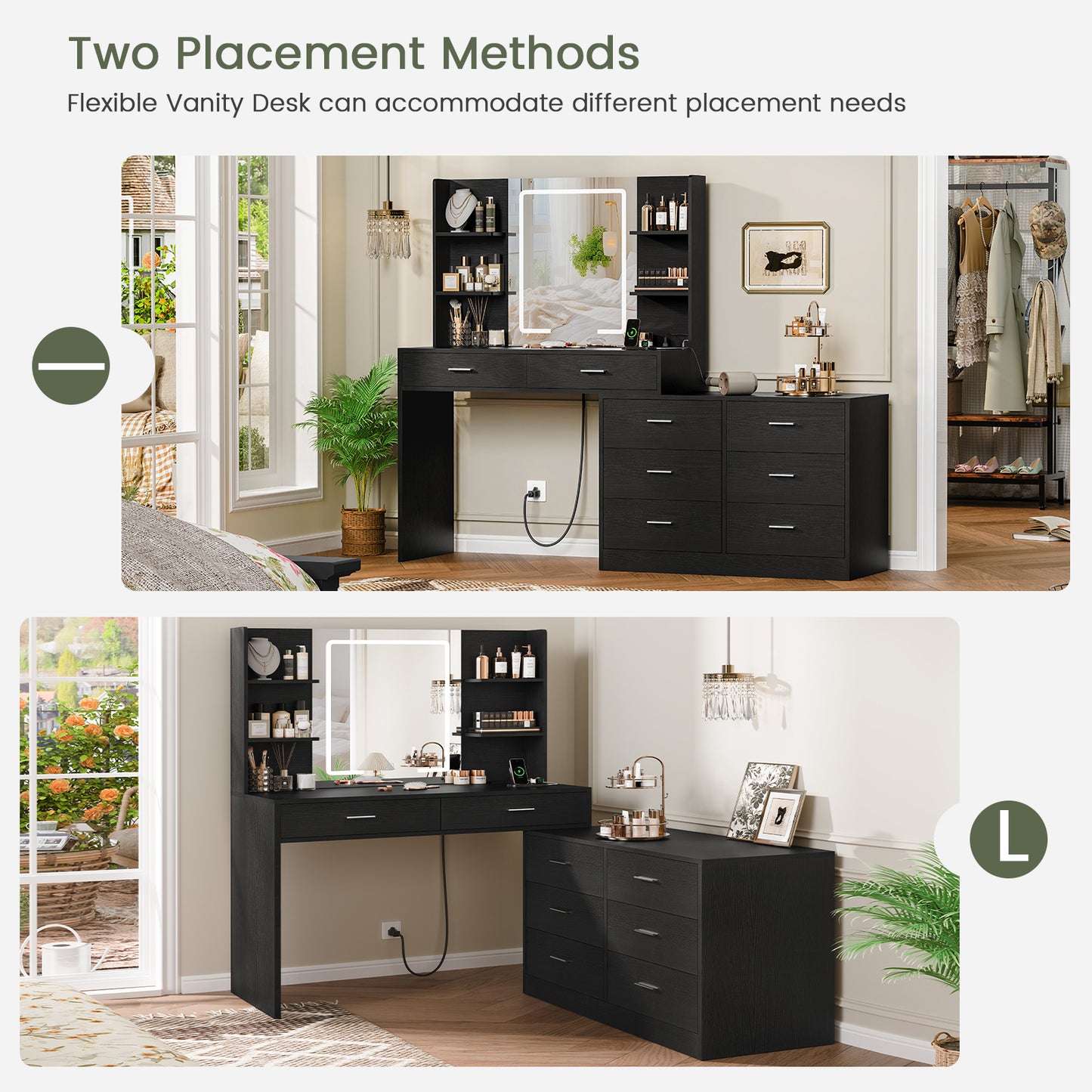 USIKEY Vanity Makeup Desk with LED Light Mirror & Power Outlet, 8 Drawers, Storage Shelves, & Adjustable Brightness Dressing Table, Corner Vanity Desk