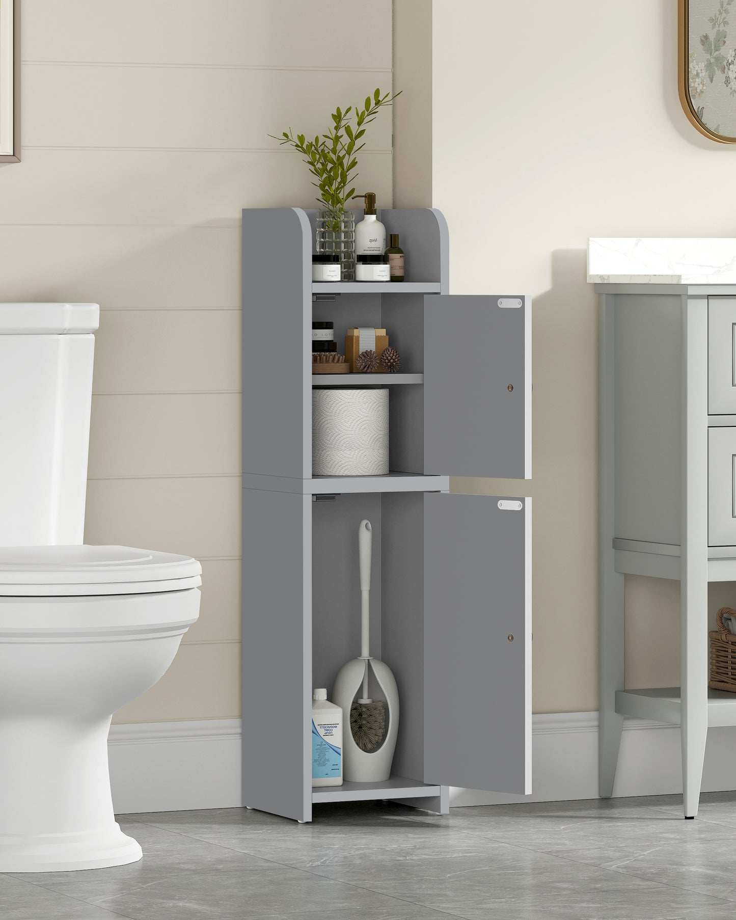 USIKEY Bathroom Storage Cabinet, Narrow Cabinet with Doors and Adjustable Shelves, Corner Bathroom Cabinet, Bathroom Storage for Small Spaces