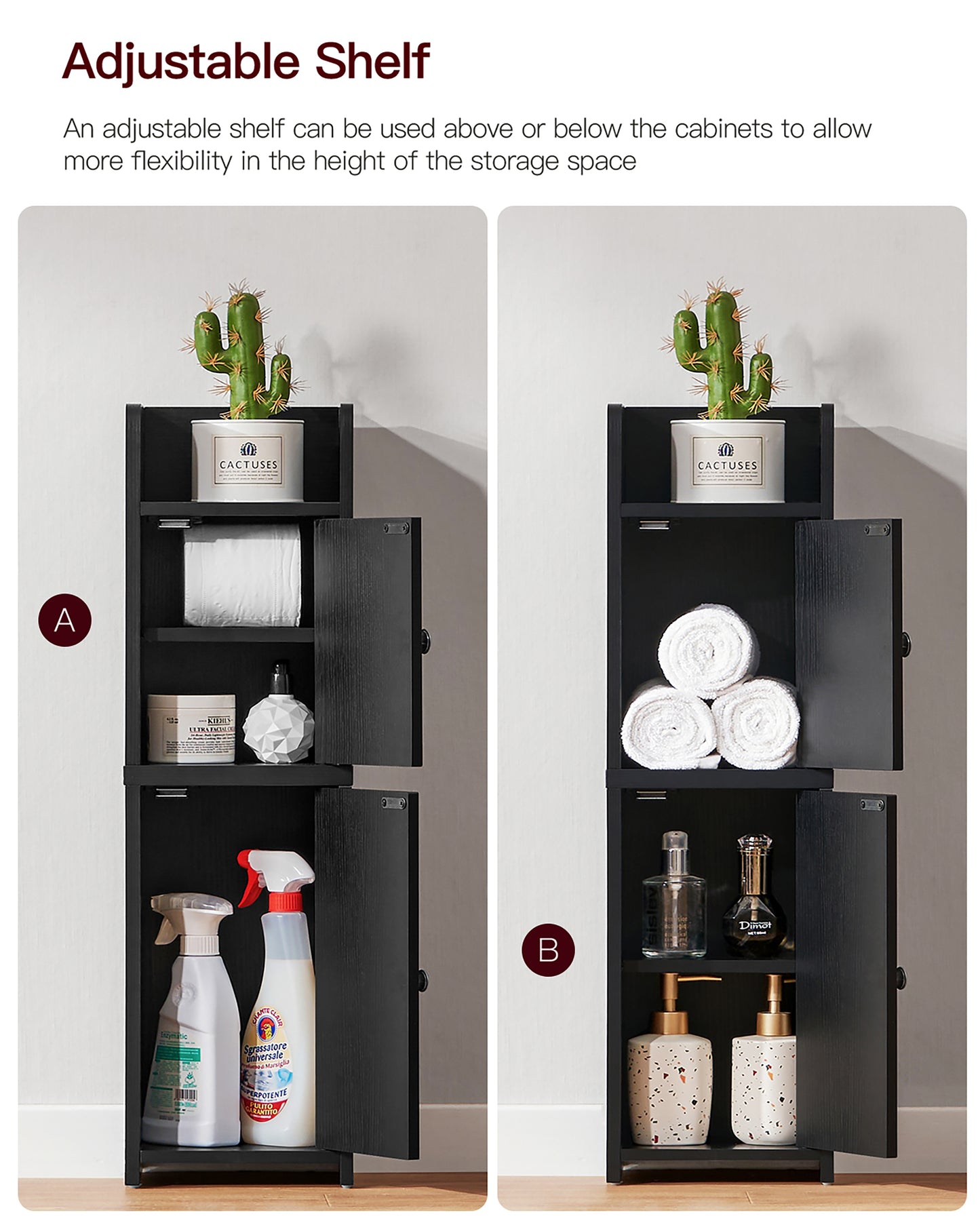 USIKEY Bathroom Storage Cabinet, Narrow Cabinet with Doors and Adjustable Shelves, Corner Bathroom Cabinet, Bathroom Storage for Small Spaces