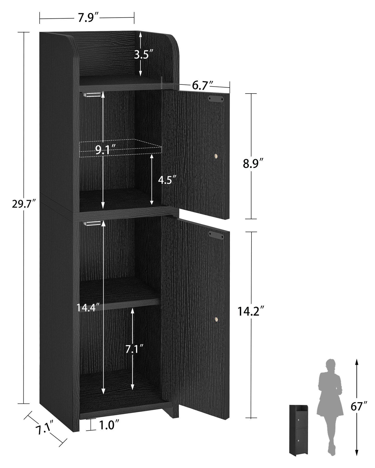 USIKEY Bathroom Storage Cabinet, Narrow Cabinet with Doors and Adjustable Shelves, Corner Bathroom Cabinet, Bathroom Storage for Small Spaces