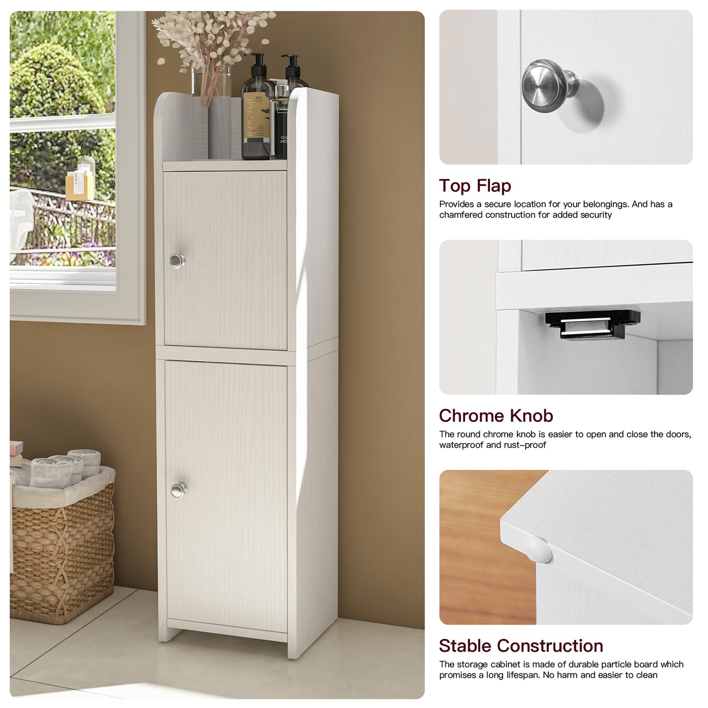 USIKEY Bathroom Storage Cabinet, Narrow Cabinet with Doors and Adjustable Shelves, Corner Bathroom Cabinet, Bathroom Storage for Small Spaces