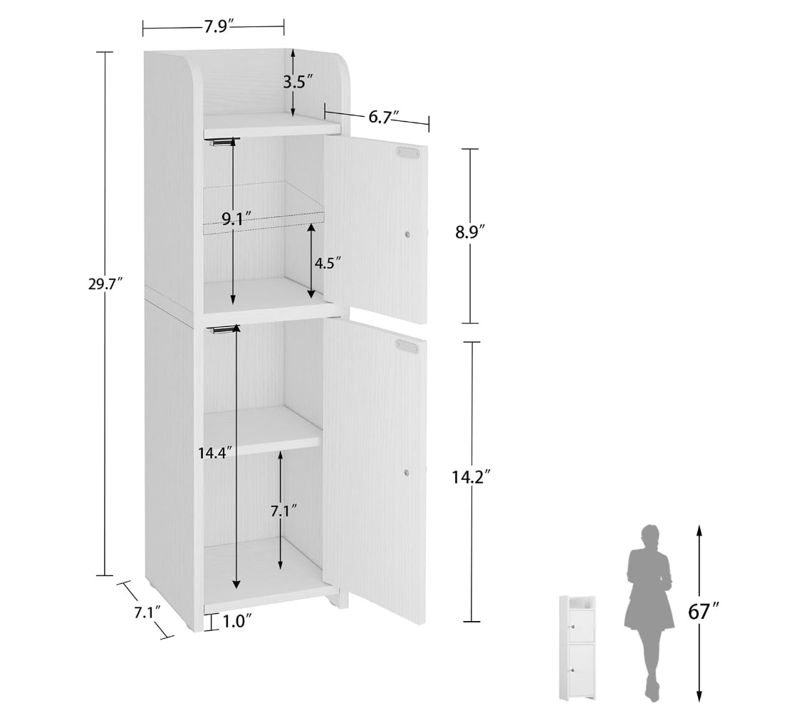 USIKEY Bathroom Storage Cabinet, Narrow Cabinet with Doors and Adjustable Shelves, Corner Bathroom Cabinet, Bathroom Storage for Small Spaces