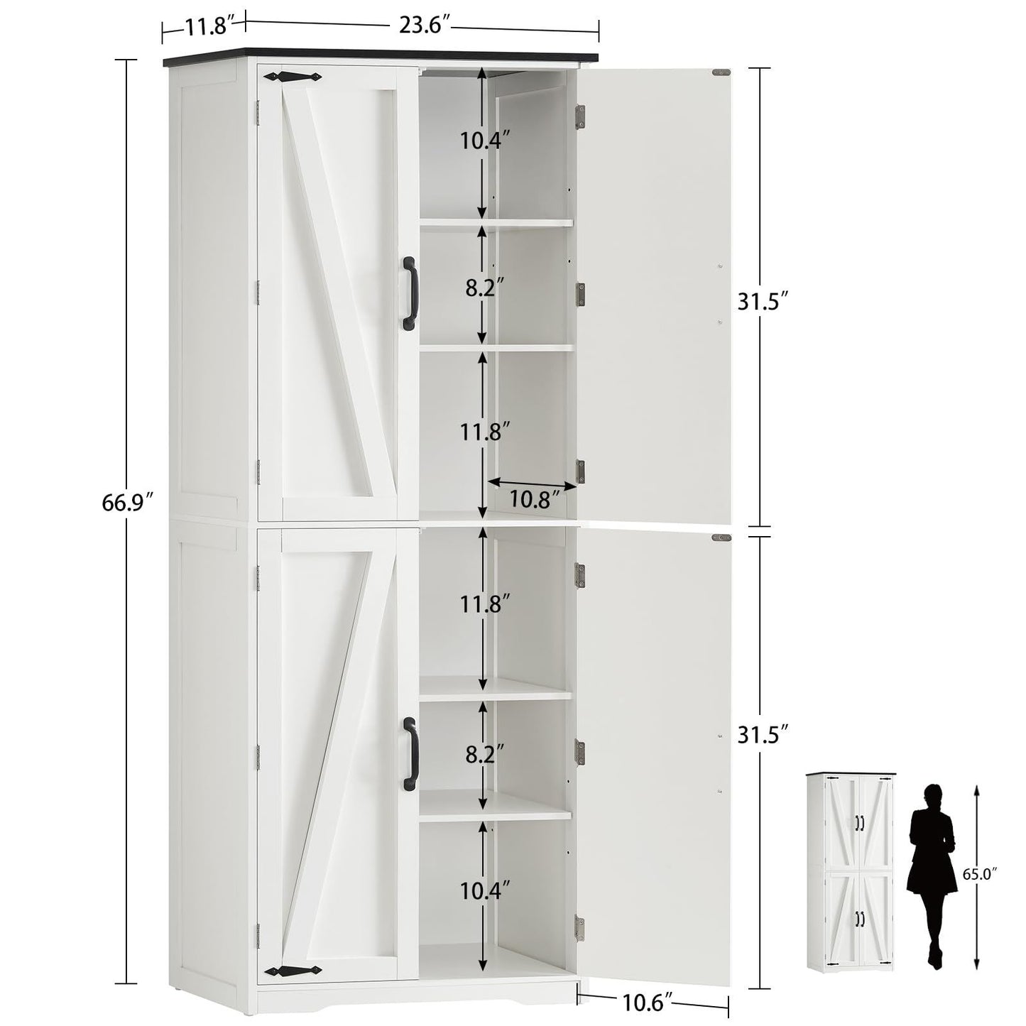 USIKEY 67"H Tall Storage Cabinet with 4 Doors, Farmhouse Accent Cabinet with Adjustable Shelves, for Bedroom, Living Room, Kicthen, White
