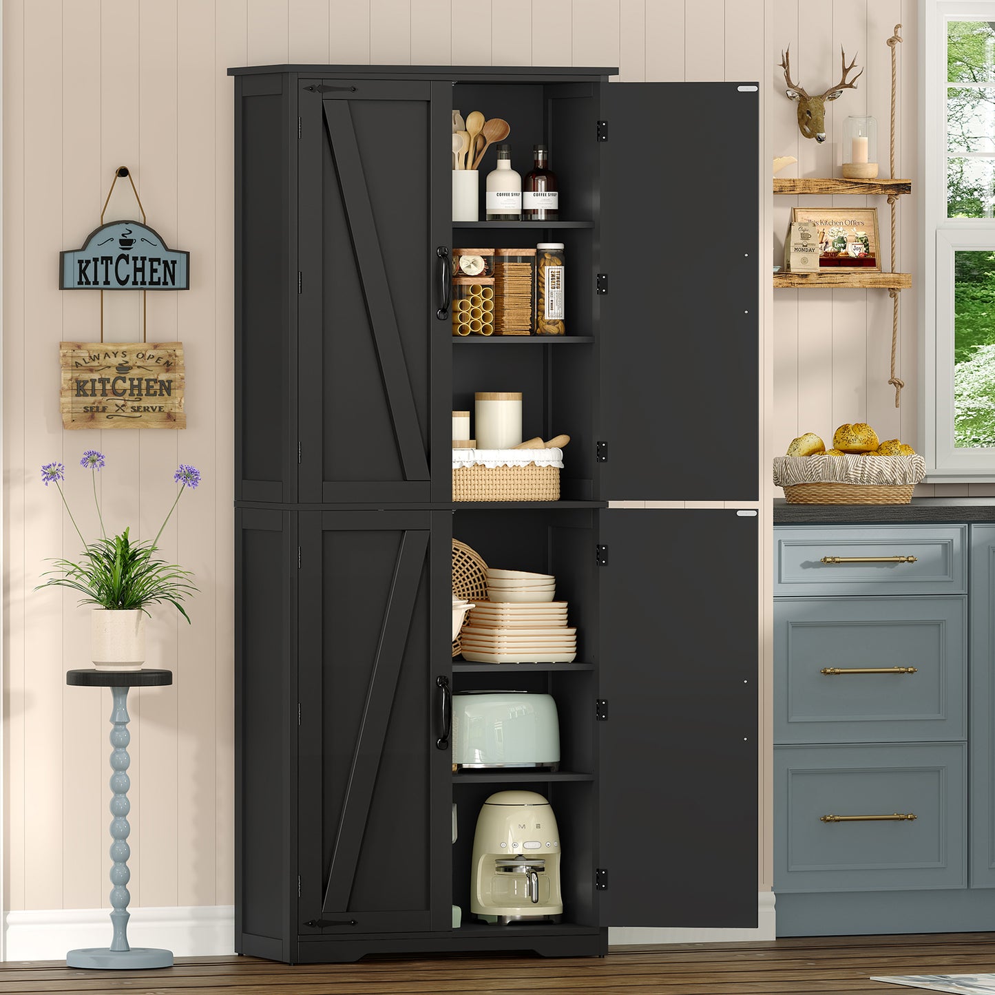 USIKEY 67"H Tall Storage Cabinet with 4 Doors, Farmhouse Accent Cabinet with Adjustable Shelves, for Bedroom, Living Room, Kicthen, White