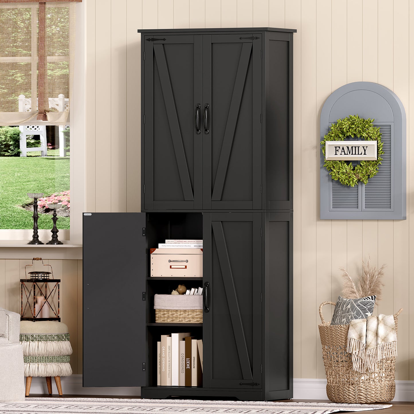 USIKEY 67"H Tall Storage Cabinet with 4 Doors, Farmhouse Accent Cabinet with Adjustable Shelves, for Bedroom, Living Room, Kicthen, White