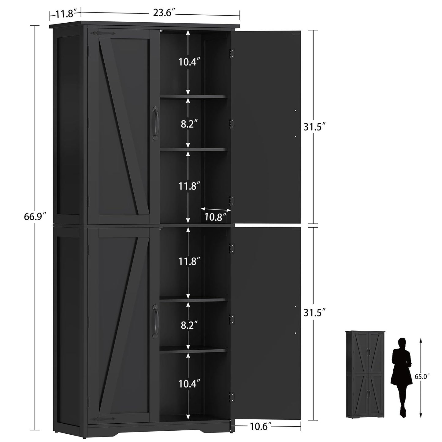 USIKEY 67"H Tall Storage Cabinet with 4 Doors, Farmhouse Accent Cabinet with Adjustable Shelves, for Bedroom, Living Room, Kicthen, White