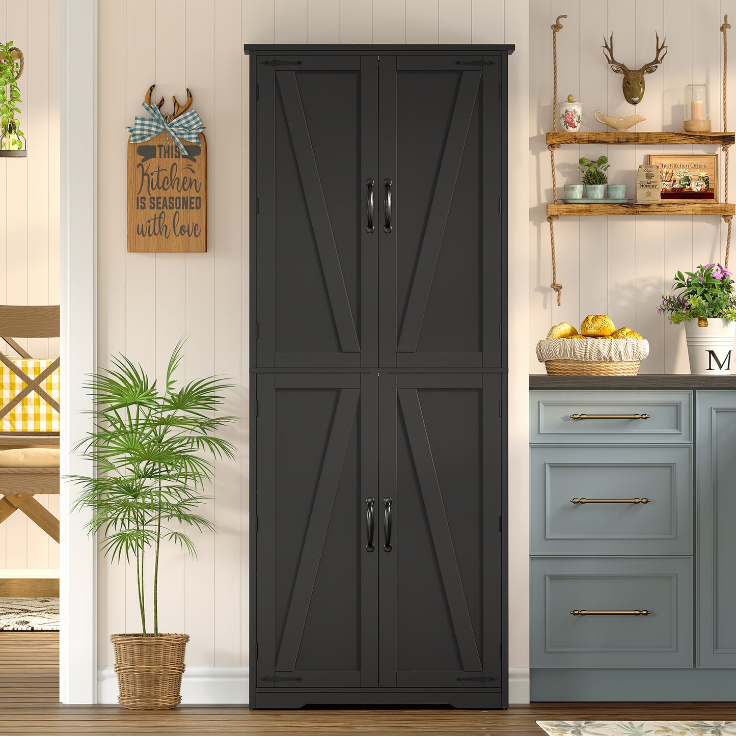 USIKEY 67"H Tall Storage Cabinet with 4 Doors, Farmhouse Accent Cabinet with Adjustable Shelves, for Bedroom, Living Room, Kicthen, White