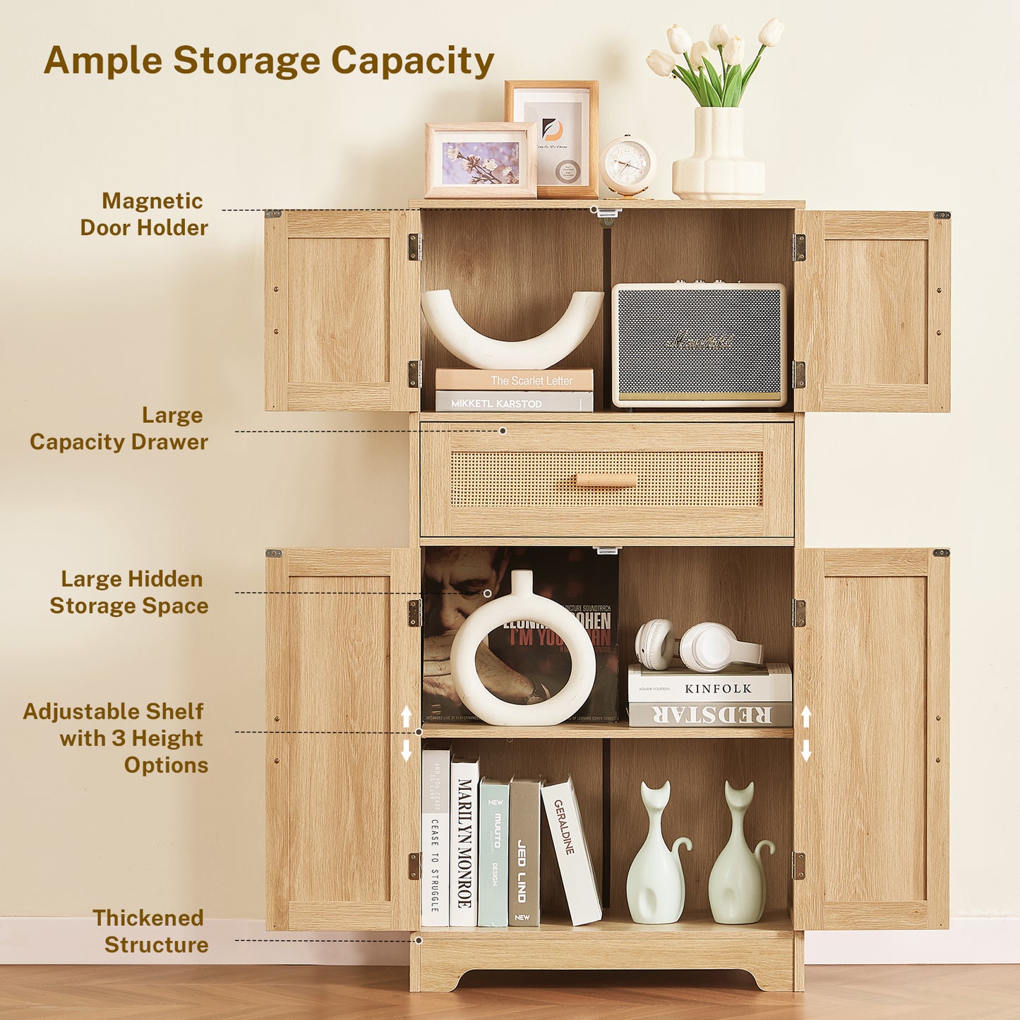 USIKEY Morden 47.2" Storage Cabinet with 2 Drawers & 2 Adjustable Shelves, Floor Cabinet with 4 Doors, Tall Cabinet for Living Room, Dining Room, Entryway