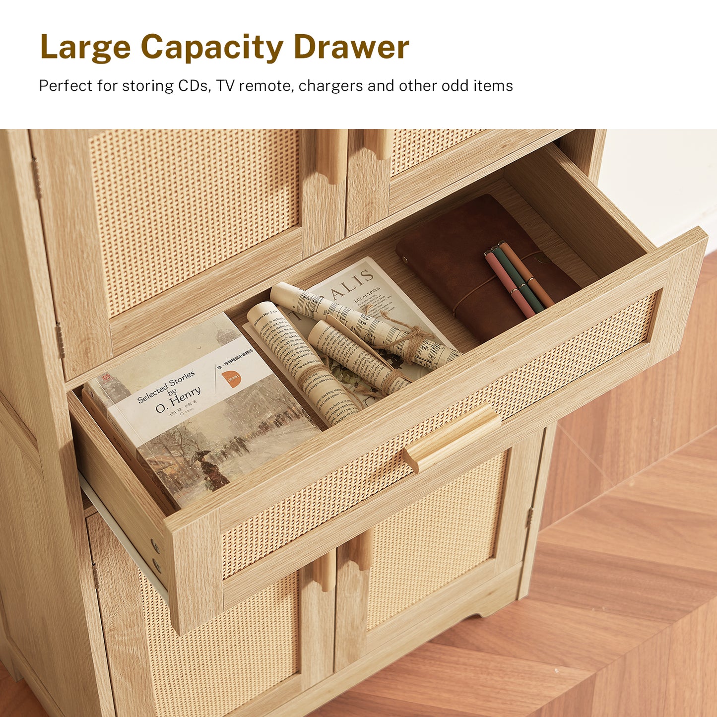 USIKEY Morden 47.2" Storage Cabinet with 2 Drawers & 2 Adjustable Shelves, Floor Cabinet with 4 Doors, Tall Cabinet for Living Room, Dining Room, Entryway