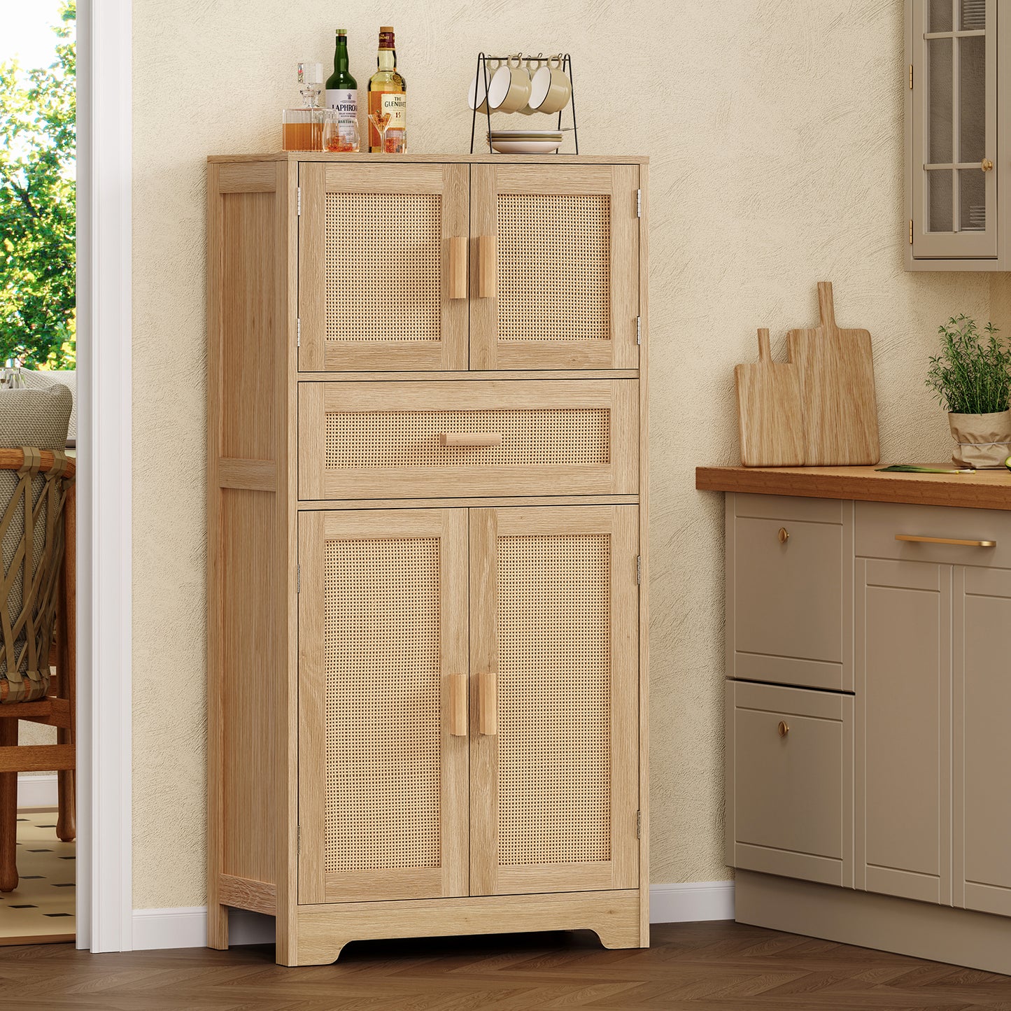 USIKEY Morden 47.2" Storage Cabinet with 2 Drawers & 2 Adjustable Shelves, Floor Cabinet with 4 Doors, Tall Cabinet for Living Room, Dining Room, Entryway